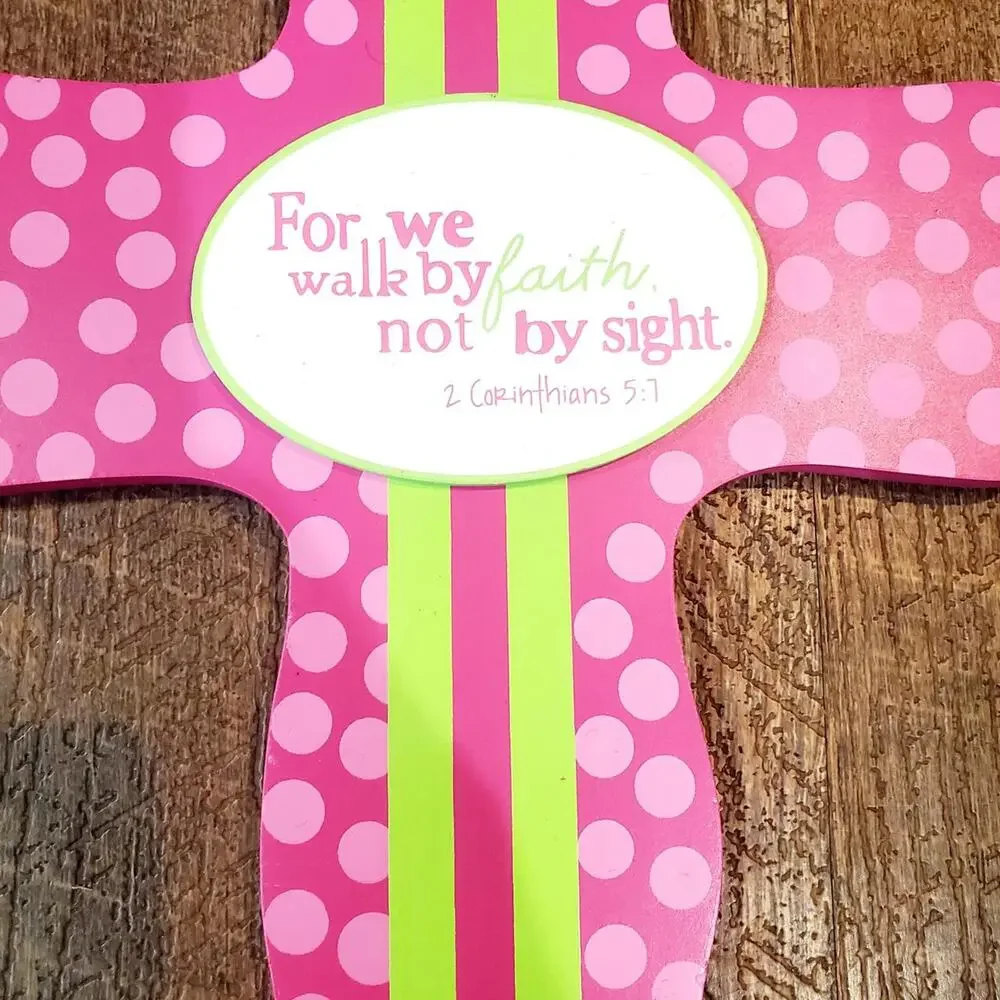 Decorative faith pink green polka dots crosses brown religious crafts Wreath